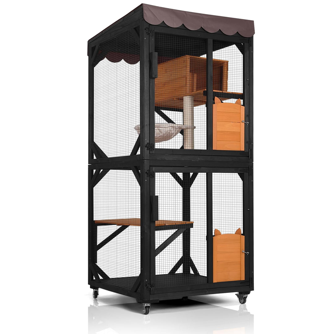 MEDEHOO Catio Outdoor Cat Enclosure on Wheels - Outside Kitty House with Upgraded Resting Box, PVC Layer, and Waterproof Roof - 71.9"