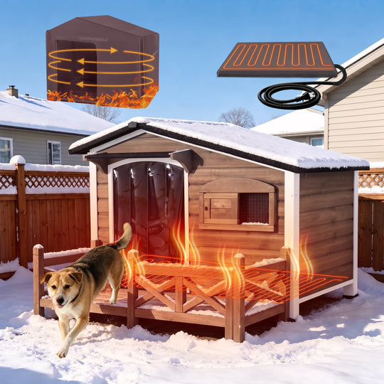 MEDEHOO Heated Dog House Outdoor Dog Wooden Kennel with Safe Heated Pad, Chew-Proof Metal Frame and Insulated Liner Dark Brown AIR7024-B-HP-N-WM