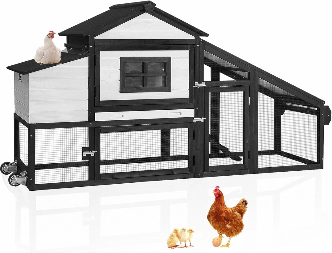 MEDEHOO Mobile Chicken Coop with Wheels for 2-4 Chickens, Backyard Expandable Chicken House Duck Cage with Run, 2 Nesting Boxes, Easy Clean Pull-Out Tray, Leak-Resistant Asphalt Roof, 72.3"