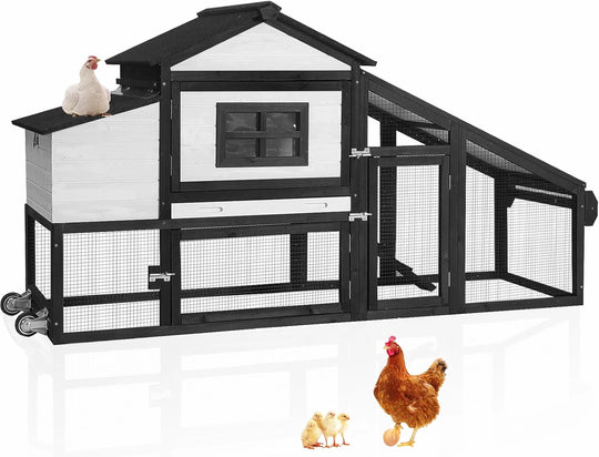 MEDEHOO Mobile Chicken Coop with Wheels for 2-4 Chickens, Backyard Expandable Chicken House Duck Cage with Run, 2 Nesting Boxes, Easy Clean Pull-Out Tray, Leak-Resistant Asphalt Roof, 72.3"