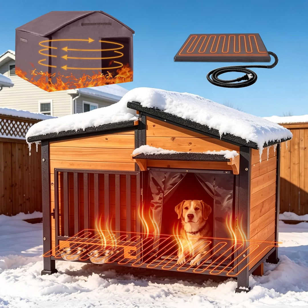 MEDEHOO Heated Dog House with Heating Pad &amp; Anti-Chewing Metal Frame, Insulated Wooden Dog Kennel with Unique Design Roof, Weatherproof Dog House for Indoor &amp; Outdoor Use