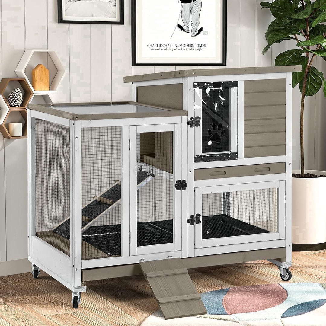 MEDEHOO Indoor Outdoor Rabbit Hutch, Bunny Cage on Wheels with 2 Deep No Leakage Pull Out Trays (Mocha Color) AIR36-U-WM