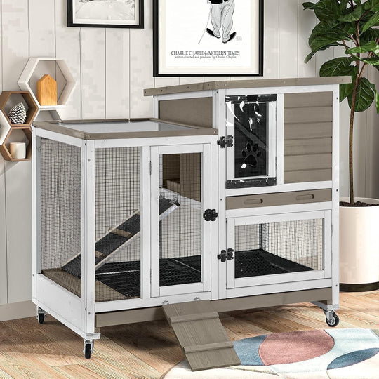 MEDEHOO Indoor Outdoor Rabbit Hutch, Bunny Cage on Wheels with 2 Deep No Leakage Pull Out Trays (Mocha Color) AIR36-U-WM
