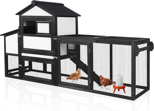 MEDEHOO Mobile Chicken Coop with Wheels for 2-4 Chickens, Expandable Wooden Hen House with Divided Nesting Box, Reinforced Coop Balcony, Roosting Perch, Metal Pull-Out Tray, 82.4" L (Black ＆ White)