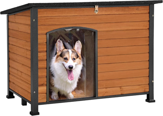 MEDEHOO Chew Proof Dog House with Metal Iron Frame Outdoor Dog Kennel for Small Medium Large Indoor Dog Cage (43.3" L,Brown Color)