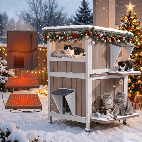 MEDEHOO 2-Story Heated Outdoor Cat House for Winter, Insulated Wooden Feral Shelter with Heating Pad, Liner &amp; Escape Doors, Brown