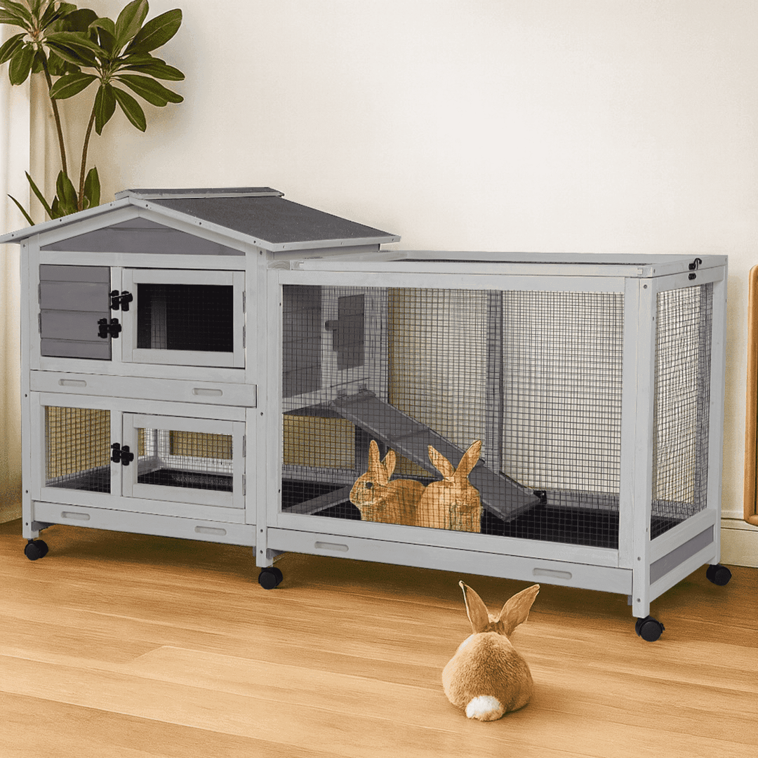 MEDEHOO 62" Rabbit Hutch with Wheels for Outdoor &amp; Indoor, 2-Story Bunny Cage with Pull Out Tray, Chew-Proof Ramp, Waterproof Roof