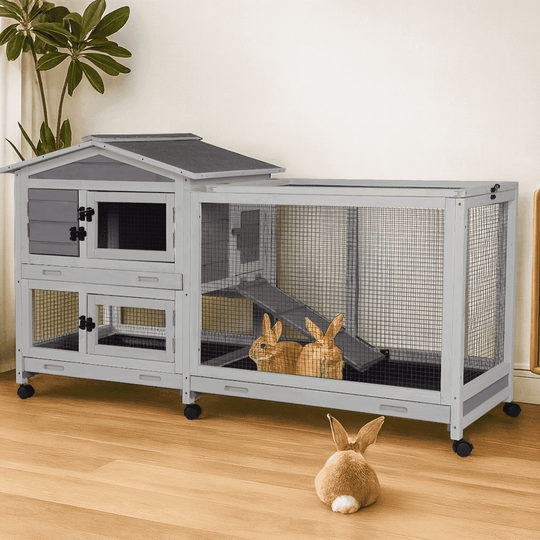 MEDEHOO 62" Rabbit Hutch with Wheels for Outdoor &amp; Indoor, 2-Story Bunny Cage with Pull Out Tray, Chew-Proof Ramp, Waterproof Roof