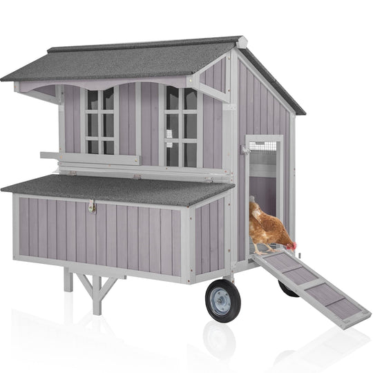 MEDEHOO Chicken Coop Upgrade Durable Outdoor Chicken House with Large Wheels, Nesting Box, Leakproof Pull-on Tray and UV-Resistant Roof Panel (Grey)