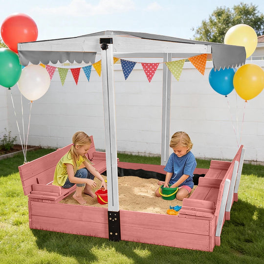 MEDEHOO Outdoor Sandbox with Cover &amp; Adjustable Canopy, Kids Sand Box with 2-IN-1 Foldable Seats, Pink GUT05-P-WM
