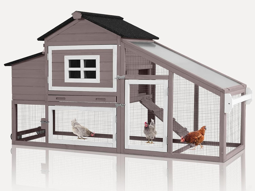 MEDEHOO Chicken Coop Expandable Chicken House for Outdoor with Wheels Nesting Box, Leakproof Pull-Out Tray &amp; UV-Resistant Roof Panel, Brown AIR23-GJ-WM2