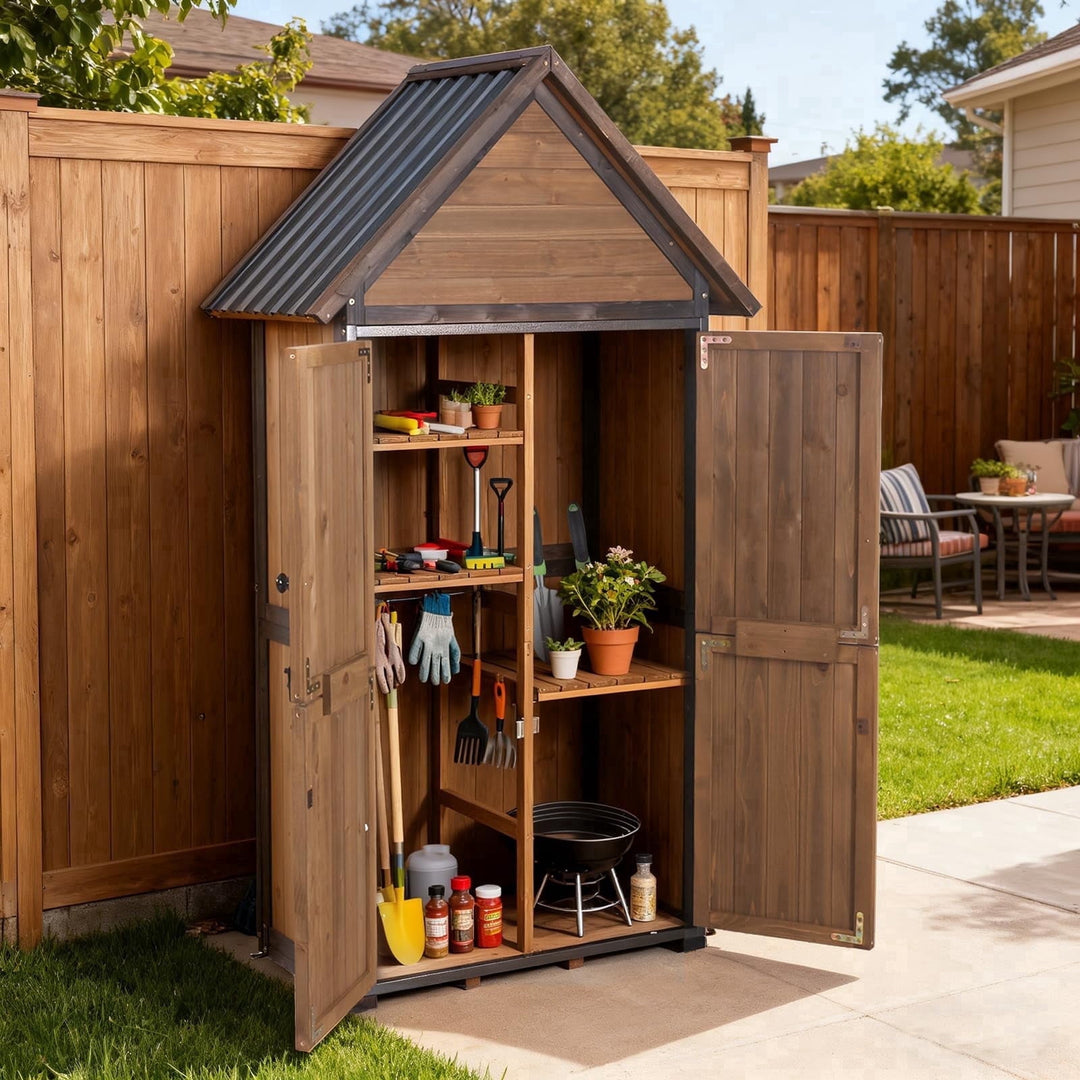 MEDEHOO Shed Outdoor Storage, Outdoor Storage Cabinet with Metal Frame &amp; Adjustable Shelves, Weatherproof Tool Shed for Backyard Patio Lawn, Brown AIR7004-A11-WM
