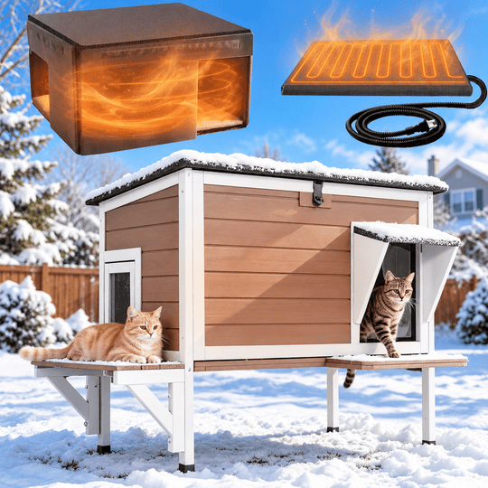 MEDEHOO Heated Cat House with Insulated Liner for Outdoor Cats Weatherproof Feral Cat Shelter for Winter, Brown AIR91-WBR-HP-N-WM