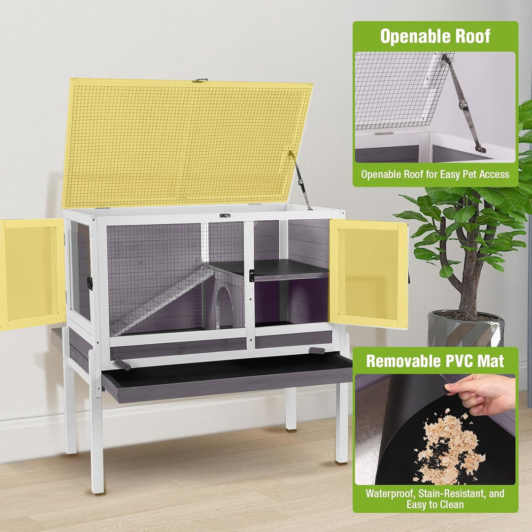 MEDEHOO Indoor Guinea Pig Cage Rabbit Hutch with Chew-Proof Ramp, 2-Story Wooden Bunny House with Pull-Out Trays &amp; Leakproof PVC Layer, Small Animal Cages with Detachable Legs (Gray) AIR53-DG-PD