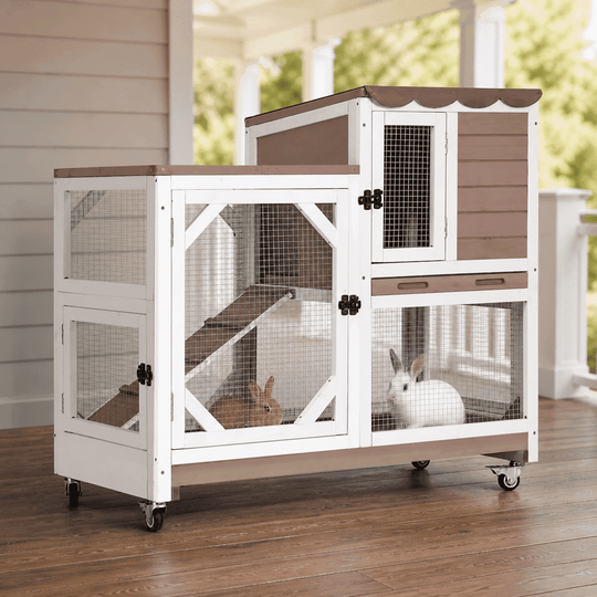 MEDEHOO 2-Story Rabbit Hutch with Wheels, Indoor Outdoor Wooden Rabbit Cage with Ramp &amp; Leak-Proof Trays for Rabbits &amp; Guinea Pigs, Brown RC-AIR7013-MC-WM