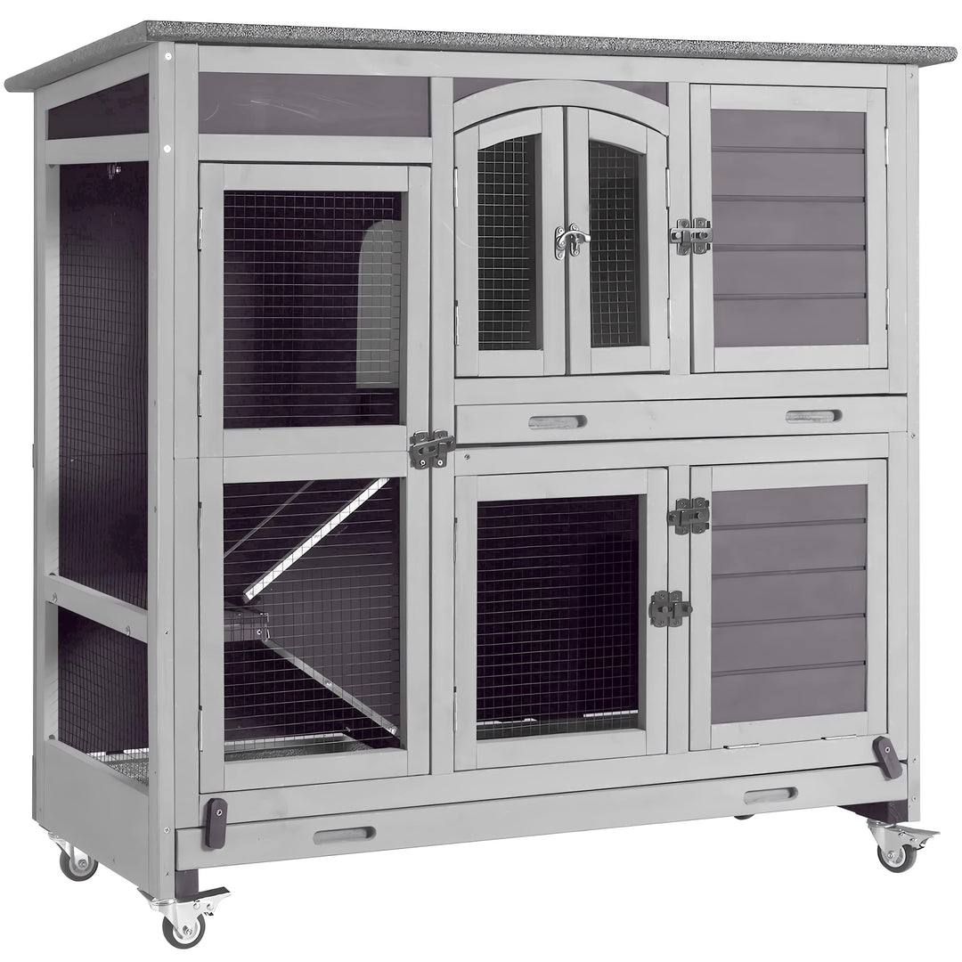 MEDEHOO 47" Rabbit Hutch Indoor Outdoor Bunny Cage on Wheel Bunny House with Tray
