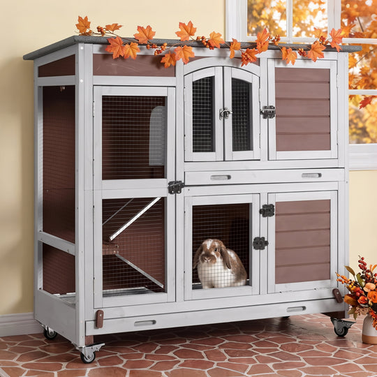 MEDEHOO 2-Tier Indoor Rabbit Hutch Bunny Hutch Guinea Pig Cage with Plastic Trays, Wheels &amp; Ramp 47.2" Multi-Door Wooden Rabbit Cage for Rabbits, Bunnies, and Guinea Pigs (Brown) AIR006-D-WM