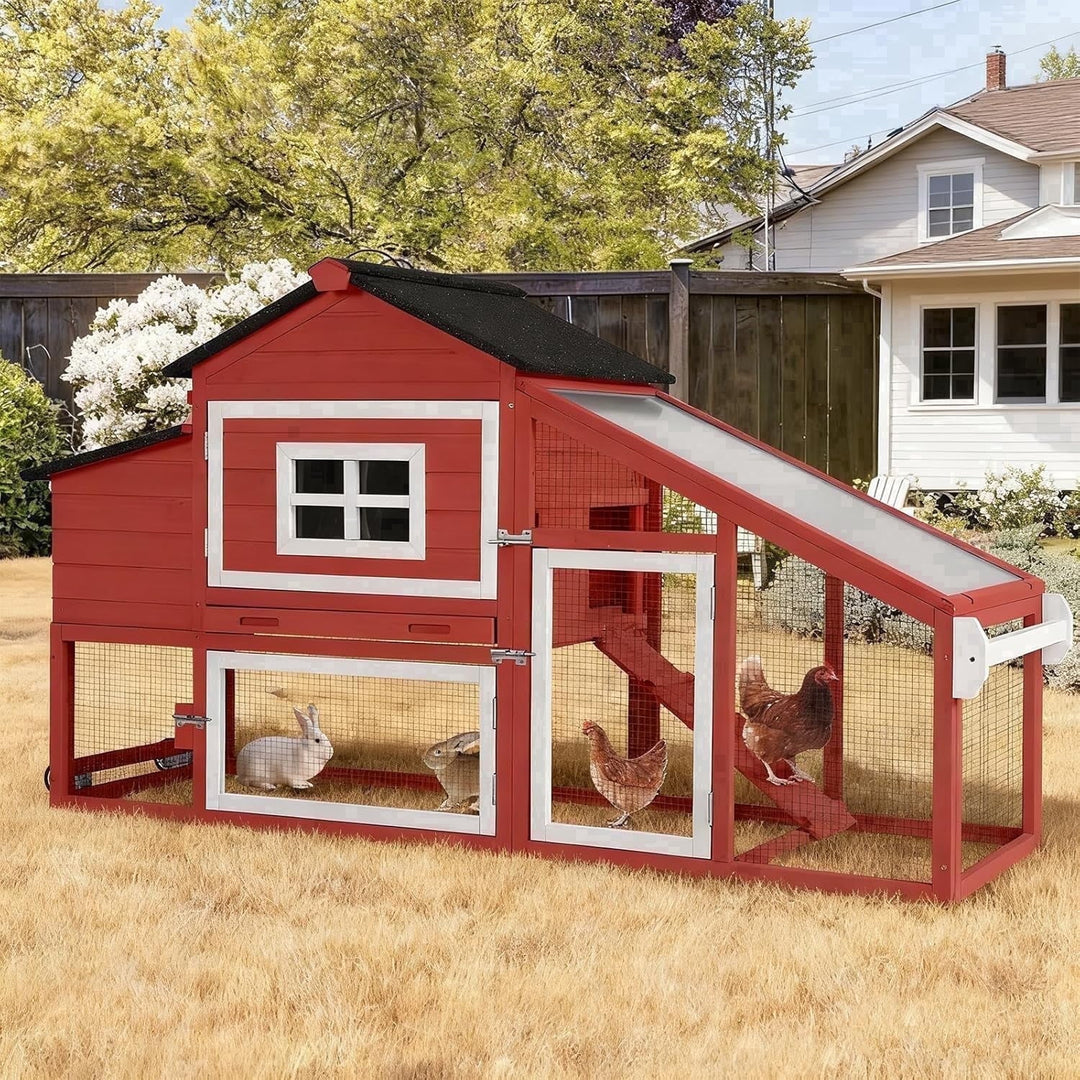 MEDEHOO Chicken Coop with Wheels, Outdoor Mobile Hen House with Leak-Proof Tray, UV-Resistant Roof &amp; Nesting Box for Chickens, Ducks, Rabbits (Red)