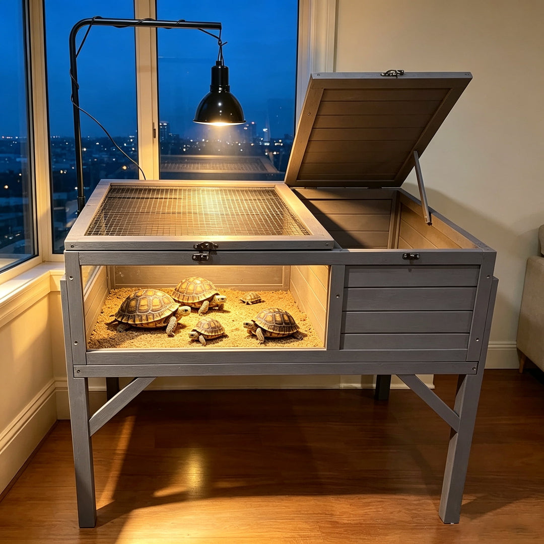 MEDEHOO 40" Wooden Tortoise Habitat House with Lamp Holder Detachable Legs Indoor Outdoor Reptile Cage Turtle Enclosure for Turtle Lizard Chameleon AIR70-J-WM