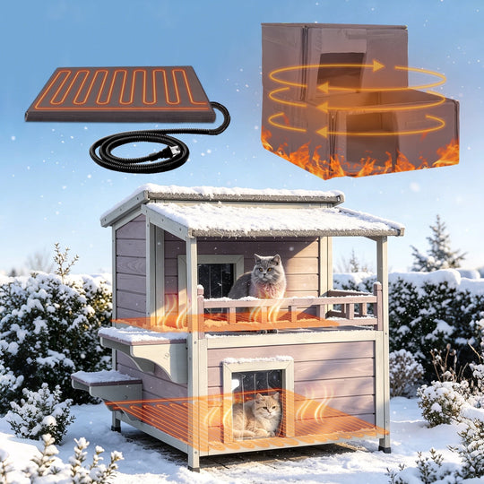 MEDEHOO Heated Outdoor Cat House with Insulated Liner 2-Story Extra Large Weatherproof Feral Cat Shelter with Heating Pad Elevated Base for Outdoor Cats Winter
