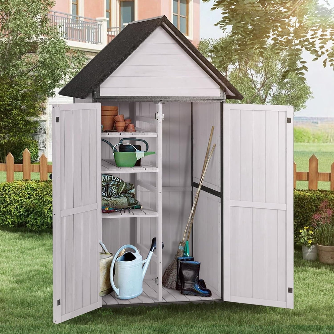 MEDEHOO Outdoor Storage Shed with All Around Strong Metal Frame, Garden Tool Sheds Cabinet with Floor &amp; Adjustable Shelves, Wooden Tool House for Backyard Garden Patio Lawn (White)