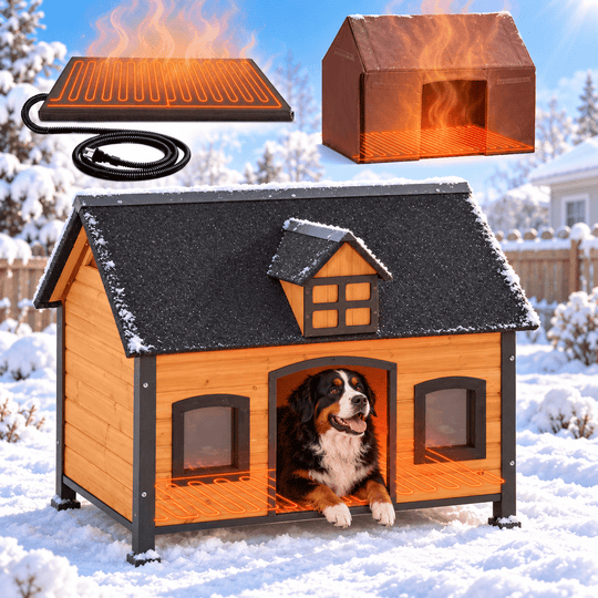 MEDEHOO Large Heated Dog House with Chew-Proof Metal Frame Safe Heating Pad, 6-Sided Thermal Liner, for Outdoor Use AIR90-IN-HP-WM