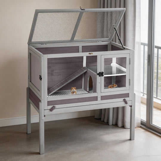MEDEHOO Guinea Pig Cage Indoor Rabbit Hutch with Chew-Proof Edges - Grey