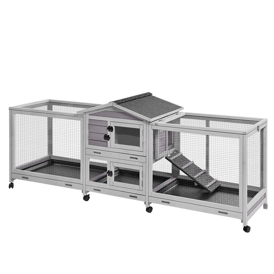 MEDEHOO Rabbit Hutch Guinea Pig Cage with Double Run Indoor Bunny Hutch Outdoor Rabbit House with Deeper No Leak Trays and Wheels AIR65-N