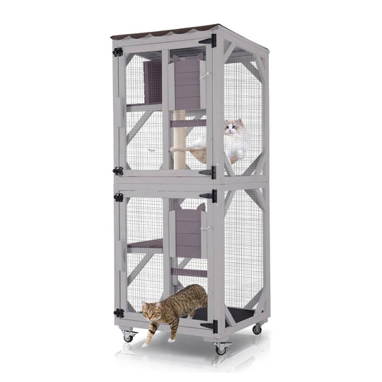 MEDEHOO 3-Tier Outdoor Catio with Wheels, Wooden Cat Enclosure with 4 Lockable Wheels &amp; Removable Hammock, Window Cat House for Multiple Cats, 63" Gray