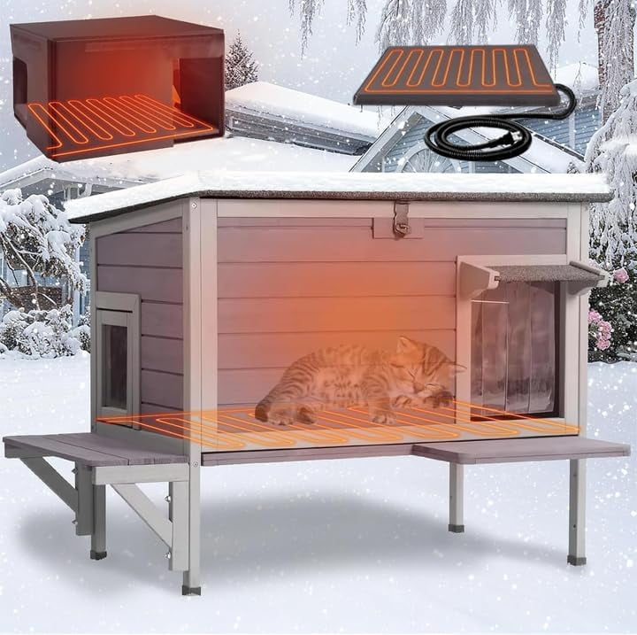 MEDEHOO Heated Cat House for Outside Insulated Outdoor Cat House Weatherproof Feral Cat Shelter with Cat Heated Pad, All-Round Thermal Liner, Secure Escape Doors for 1-3 Cats