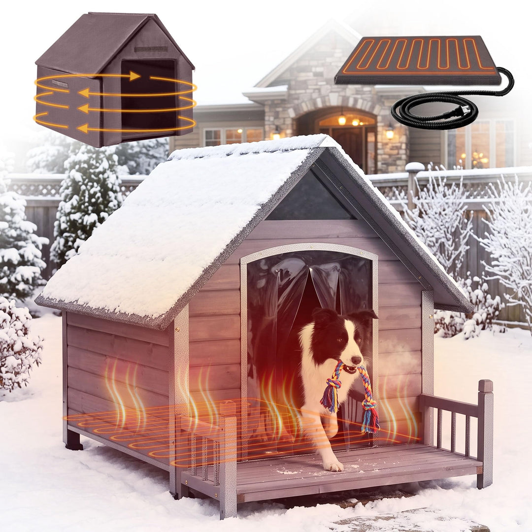 MEDEHOO Outdoor Dog House with Metal Frame Anti-Bite Dog Kennel Extra Large Heated Dog House Outdoor with  Heating Pad Asphlat roof and PVC curtain for Large Breed Gray AIR87-WM