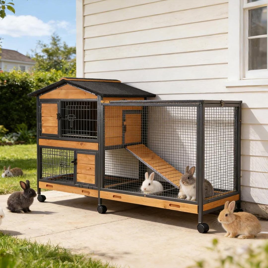 MEDEHOO Large Wooden 2-Story Rabbit Hutch for 2-4 Bunnies – Heavy Duty Metal-Framed Rabbit Cage with 6 Smooth-Rolling Wheels, 3 Easy-Clean Pull-Out Trays &amp; 6 Access Doors, Indoor Outdoor (Brown)