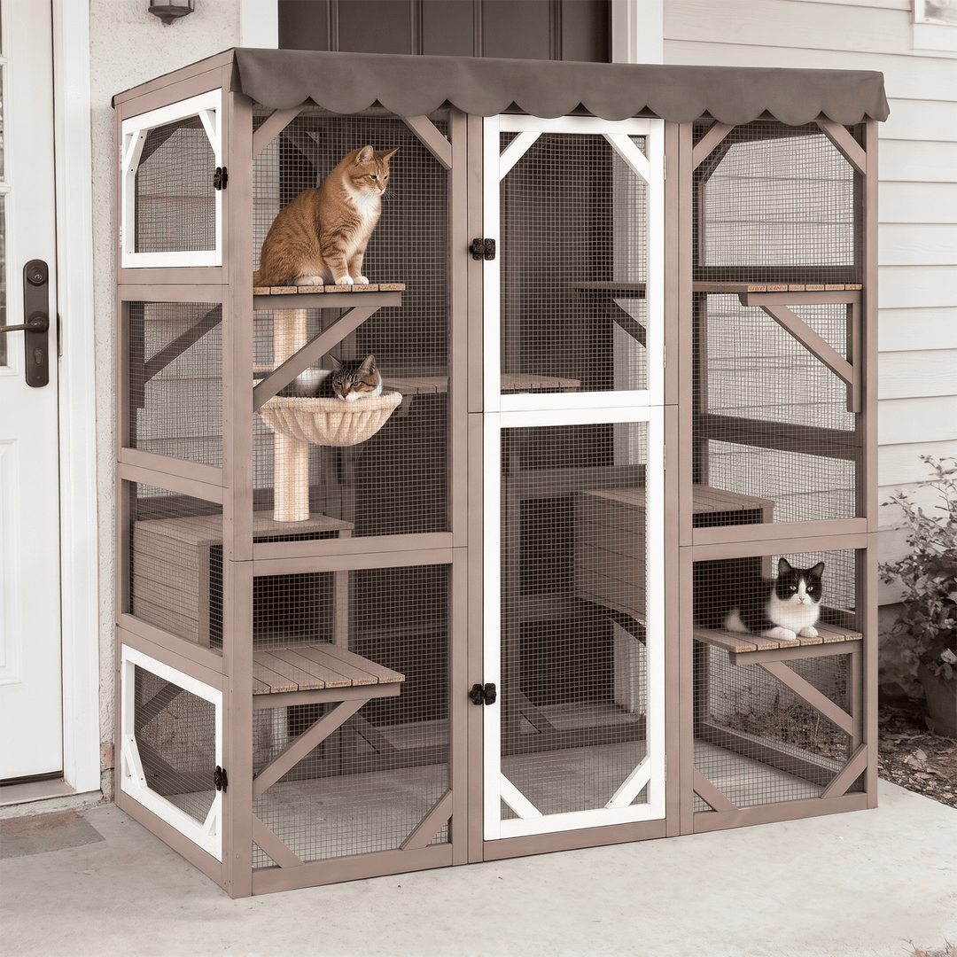 MEDEHOO Cat Catio Outdoor Cat House Movable Large Enclosures on Exercise Wheels Kitty Cage with Upgraded Resting Box,Waterproof Cover Camel AIR37-M-C-ML-WM