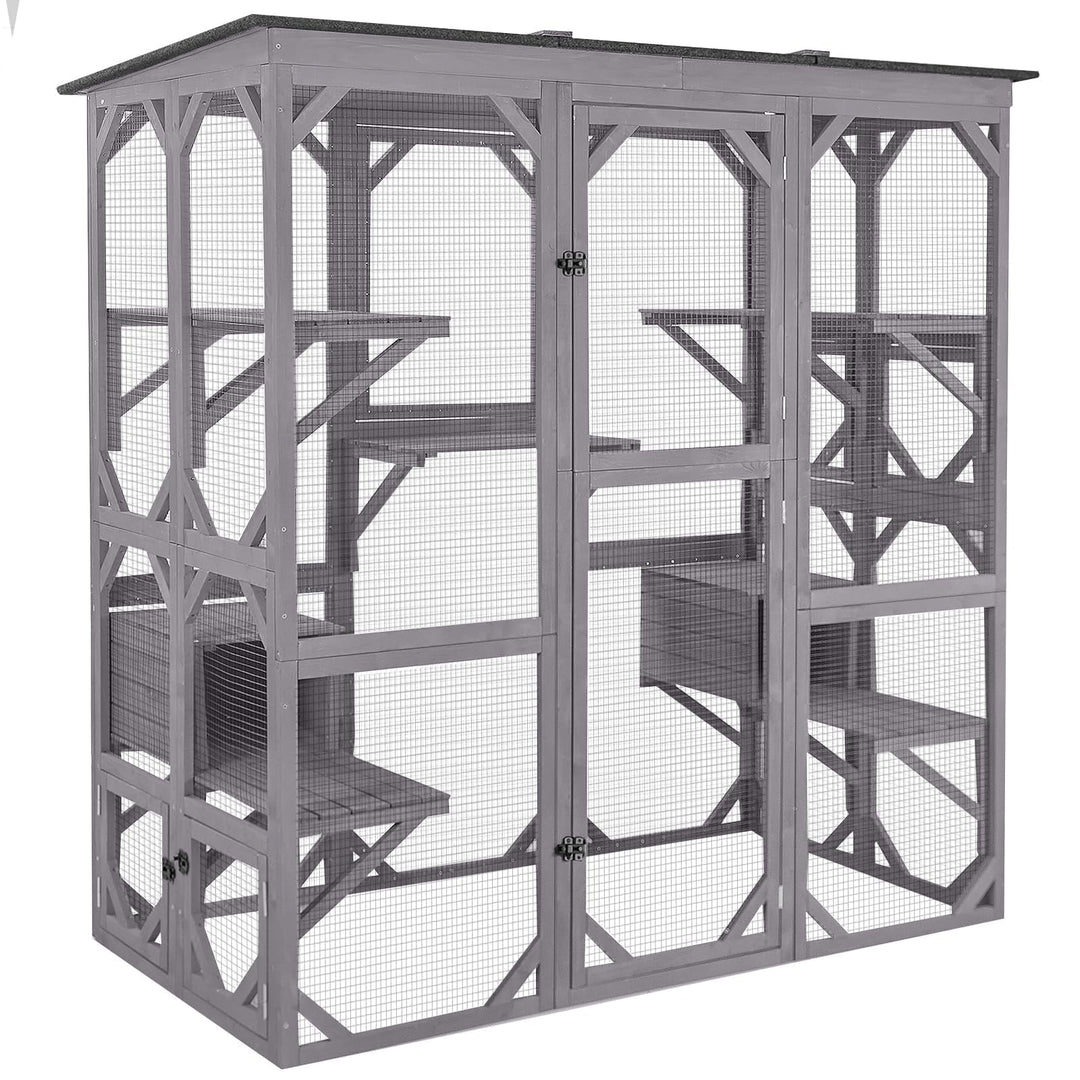 MEDEHOO Cat House Outdoor Catio Kitty Enclosure with Super Large Enter Door,Wooden Cat Cage Condo Indoor Playpen with Platforms, 71 Inch