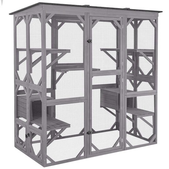 MEDEHOO Cat House Outdoor Catio Kitty Enclosure with Super Large Enter Door,Wooden Cat Cage Condo Indoor Playpen with Platforms, 71 Inch