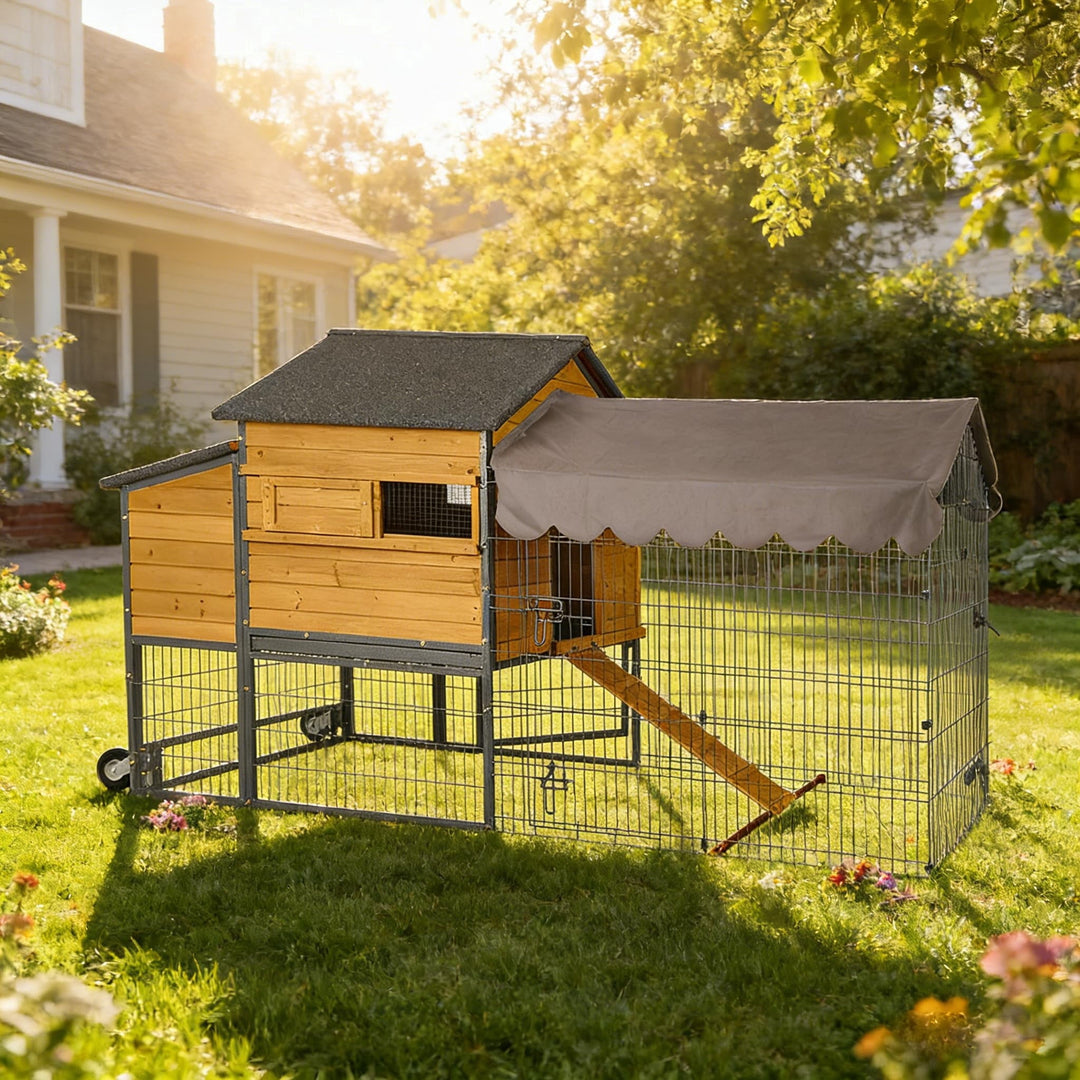 MEDEHOO Chicken Coop Large Mobile Chicken House with Strong Iron Frame Outdoor Poultry Cage with Nesting Box, Duck Coop,Waterproof Rain Cover 85‘’