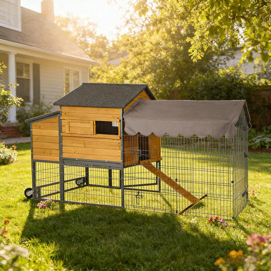 MEDEHOO Chicken Coop Large Mobile Chicken House with Strong Iron Frame Outdoor Poultry Cage with Nesting Box, Duck Coop,Waterproof Rain Cover 85‘’