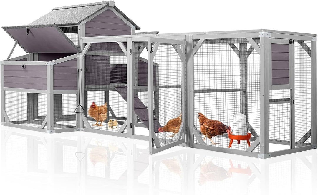 MEDEHOO Extra Large Chicken Coop for 8-10 Chickens, Reinforced Structure Outdoor Wooden Chicken House with 6 Nesting Boxes, Extended Run, Waterproof Roof, Iron Edge, Grey, 118" L x 26" W x 50" H NAIR46-M-WM