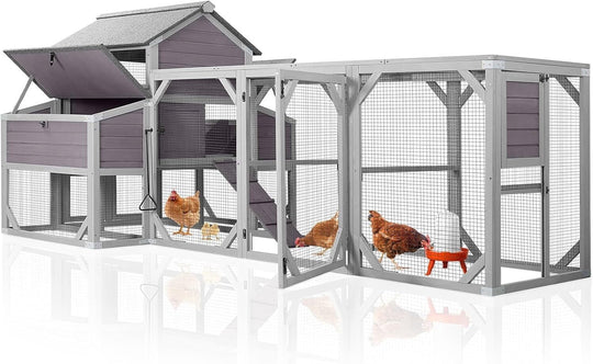 MEDEHOO Extra Large Chicken Coop for 8-10 Chickens, Reinforced Structure Outdoor Wooden Chicken House with 6 Nesting Boxes, Extended Run, Waterproof Roof, Iron Edge, Grey, 118" L x 26" W x 50" H NAIR46-M-WM