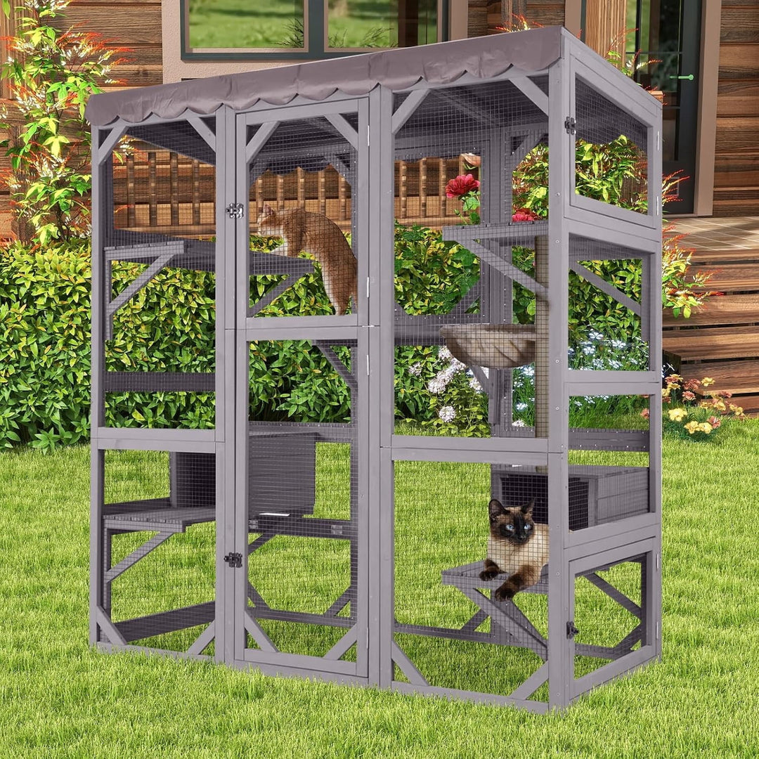 MEDEHOO Catio Large Cat House Outdoor Walk in Outdoor Cat Enclosure Indoor Cage Kitty Condo Playpen with Door, Platform, Scratch Post, Hammock - 70", Brown