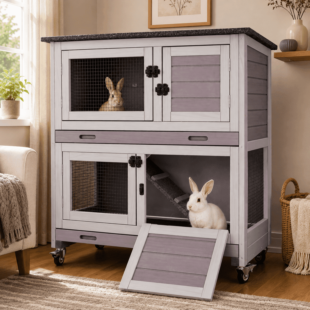 MEDEHOO Rabbit Hutch Bunny Cage Outdoors &amp; Indoors with Wheel, Two Layer Guinea Pig House AIR77-WM