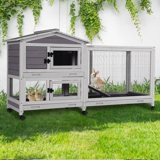 Rabbit Hutch 62" Mobile Bunny Cage Outdoor Indoor on Wheels with 3 Tray BSR199