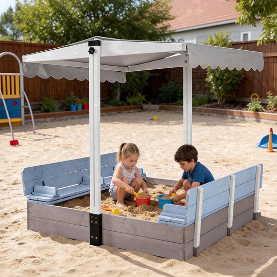 MEDEHOO 47.2"Sandbox with Lid and Cover for Kids Outdoor with 2 Foldable Bench Seats, Adjustable Canopy and Sand Protection Liner, (Blue)