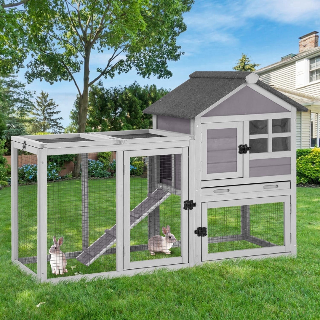 MEDEHOO Large Rabbit Hutch Outdoor 2-Level Wooden Chicken Coop Indoor Weatherproof Bunny Cage Guinea Pig House with Waterproof Roof, Leak-Proof Pull Out Tray, Lockable Door for Small Animals (Grey) AIR7002-Grey-MA-WM