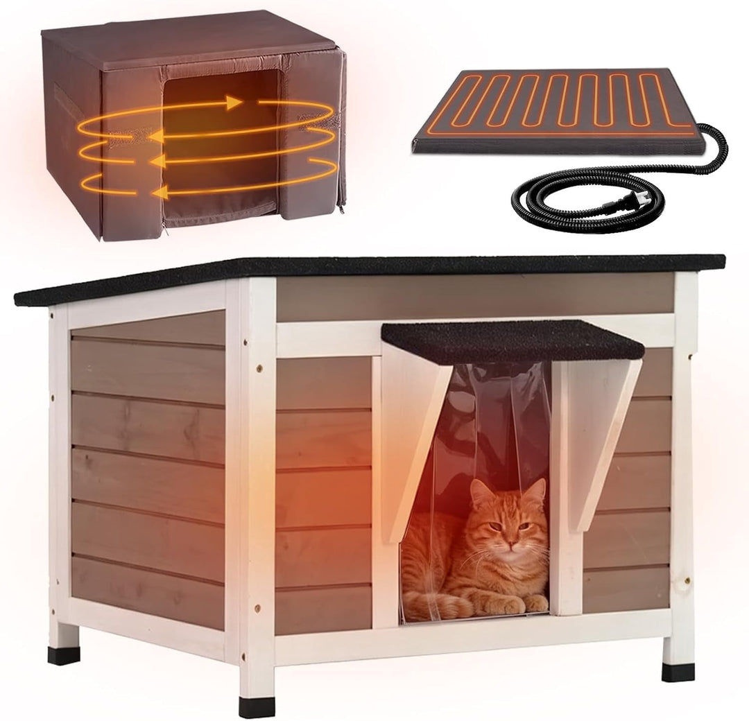 MEDEHOO Heated Outdoor Cat House, Insulated Weatherproof Wooden Feral Shelter with Heating Pad &amp; Thermal Liner (Brown)