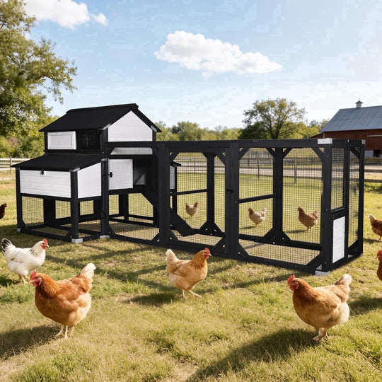 MEDEHOO Extra Large Chicken Coop for 8-10 Chickens, Reinforced Outdoor Wooden Hen House with Run, 6 Nesting Boxes, Easy Clean Pull-Out Tray, Waterproof Asphalt Roof - Black, 118" L x 26" W x 50" H