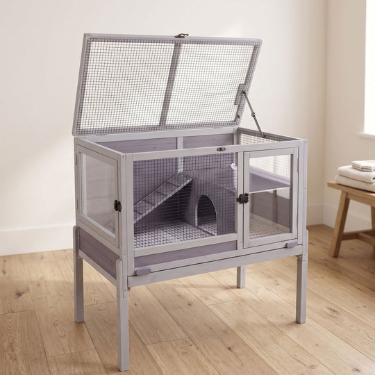 MEDEHOO Indoor Guinea Pig Cage Rabbit Cage with Chew-Resistant Edges, Leakproof Deep Tray and Detachable Legs, Gray AIR53-DG-WFS-GE