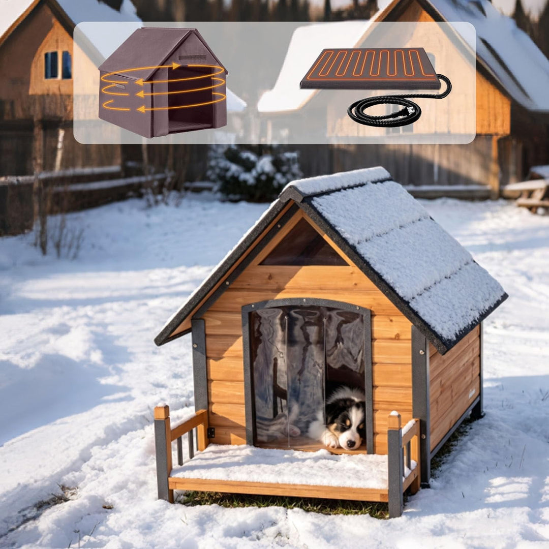 MEDEHOO 45"D Heated Dog House Outdoor, Insulated Weatherproof Shelter with Chew-Proof Metal Frame &amp; Porch (Brown)