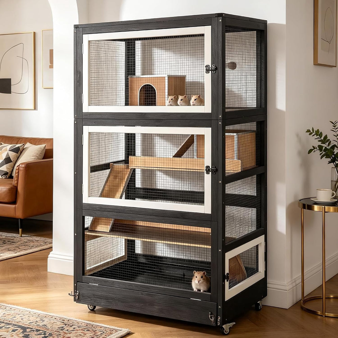 MEDEHOO 63“H Extra Large 4-Story Ferret Cage with Wheels Brown Aluminum alloy frame with wire mesh, PVC-coated levels, 2 ramps, 2 hideouts, deep slide-out tray and locking wheels AIR56-B-2-AD-WM