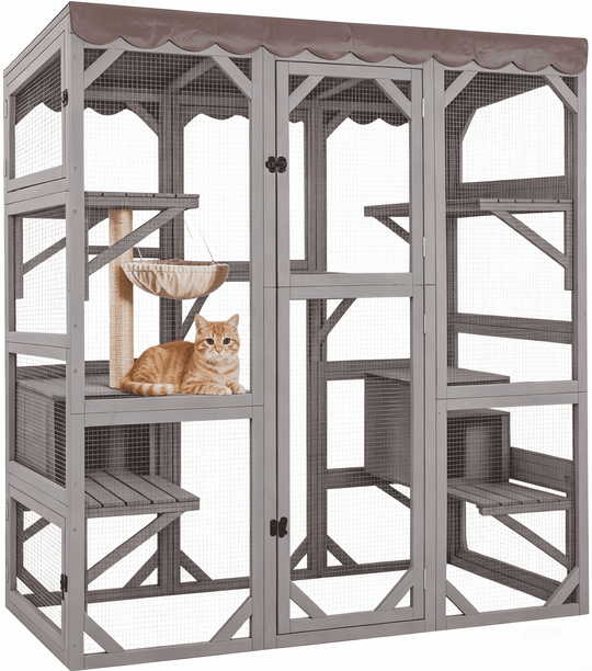 MEDEHOO 70" Large Catio Outdoor Cat Enclosure, Window Catio Wooden Cat House Walk-in Cat Cage with 7 Platforms, Scratch Post, Hammock for 2-6 Cats